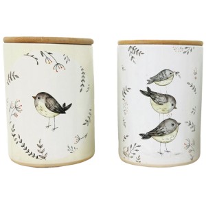 2er Set Boltze Vorratsdosen Kamina mit Vogelmotiven und Bambusdeckel, Ø 12 cm.