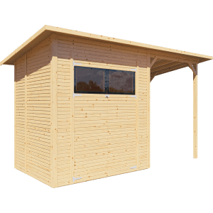 Bertilo Gerätehaus Pent Modern 2 Plus aus Holz mit Fenster und Anbau.