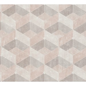 Beige-cremefarbene Vliestapete mit 3D-Effekt, geometrischem Muster und leichtem Glitzereffekt.