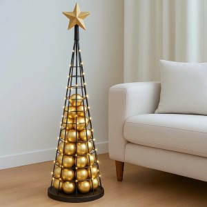 Schwarzer Deko-Baum aus Metall (115 cm) mit goldenen Kugeln und Stern als Weihnachtsdekoration.