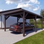 Graubrauner Holzbrüder Einzelcarport Ralf mit Blechdach und Auto. Ideal als Unterstellmöglichkeit.