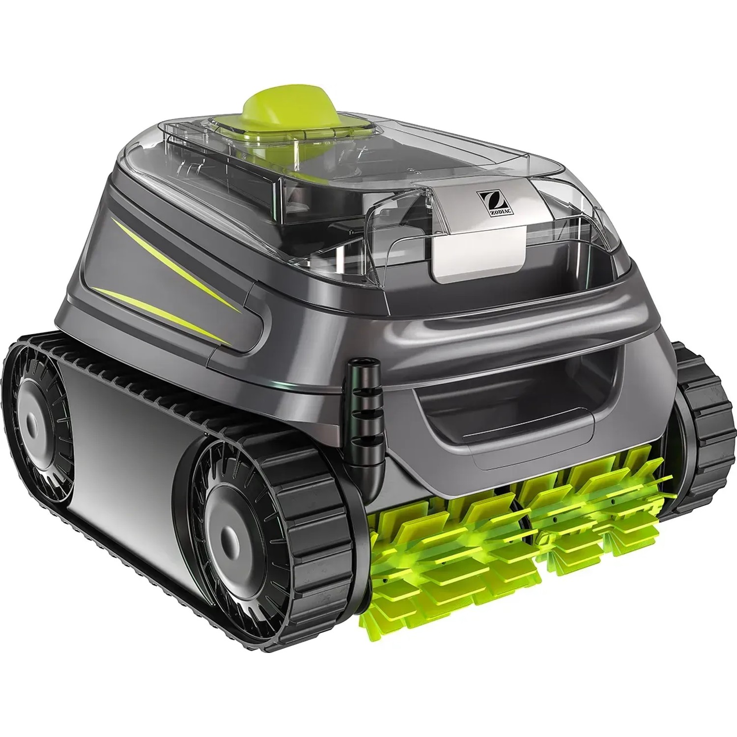 Zodiac CNX 2020 Poolroboter mit Raupenantrieb und grünen Bürsten zur Poolreinigung.