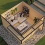 Modernes, hellgraues Weka Gartenhaus Amberley mit Doppeltür und anthrazitfarbenen Akzenten, eingerichtet als Wohnzimmer.