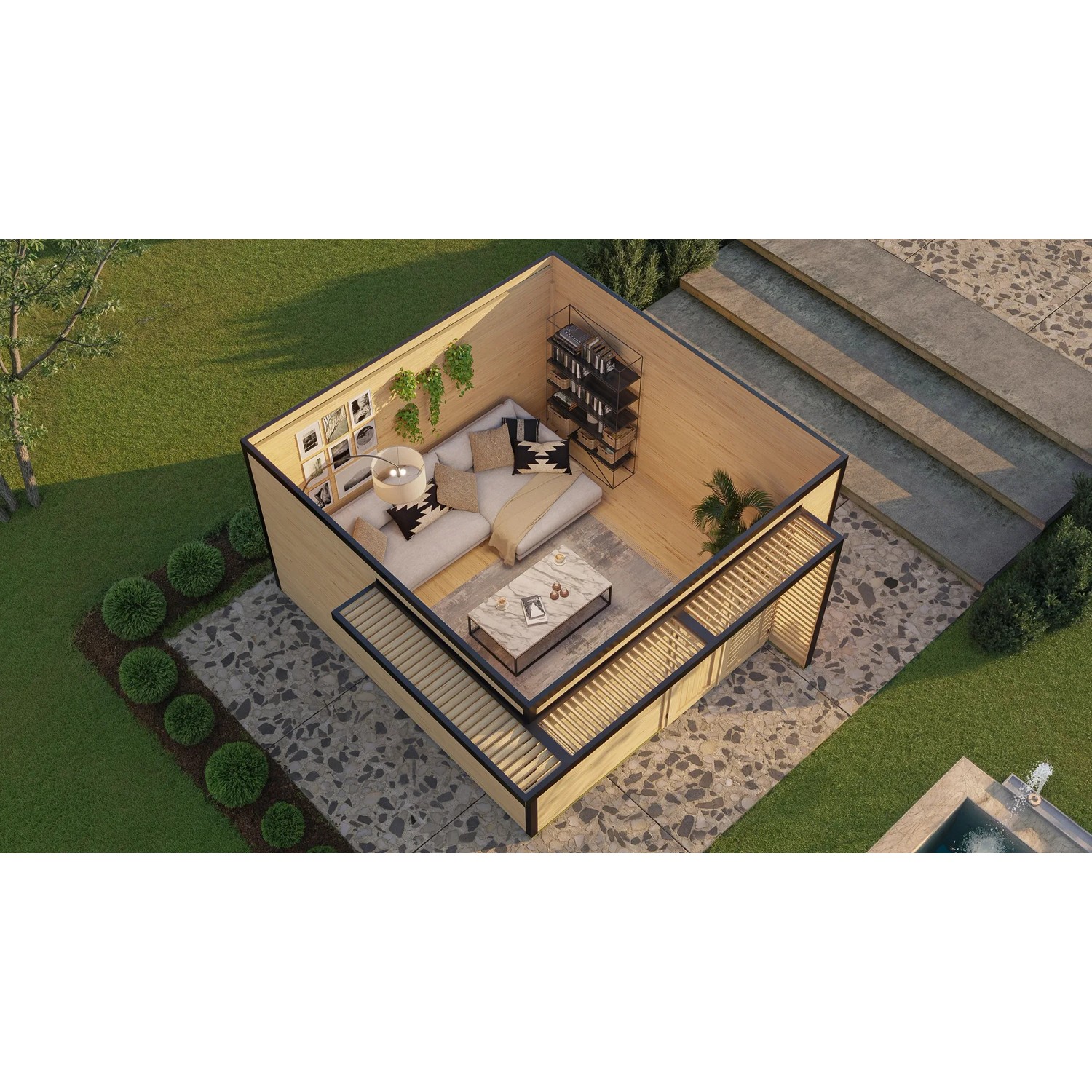 Modernes, hellgraues Weka Gartenhaus Amberley mit Doppeltür und anthrazitfarbenen Akzenten, eingerichtet als Wohnzimmer.
