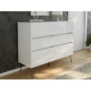 Weißes Posseik Sideboard Industrial M mit 6 Schubladen und schwarzen Metallfüßen.