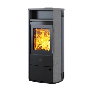 Kleining Dublin Kaminofen, 6 kW, Naturstein grau, mit brennendem Feuer.