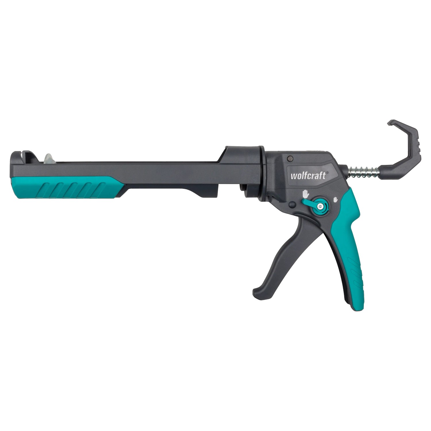 Grau-türkise wolfcraft Kartuschenpresse MG 400 für Silikon, Acryl und Klebstoff. Mit Tropf-Stopp-Funktion.