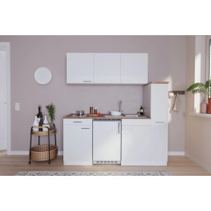 Weiße Respekta Economy Küchenzeile KB180WWC mit Glaskeramikkochfeld und Kühlschrank. Arbeitsplatte in Nussbaumoptik.