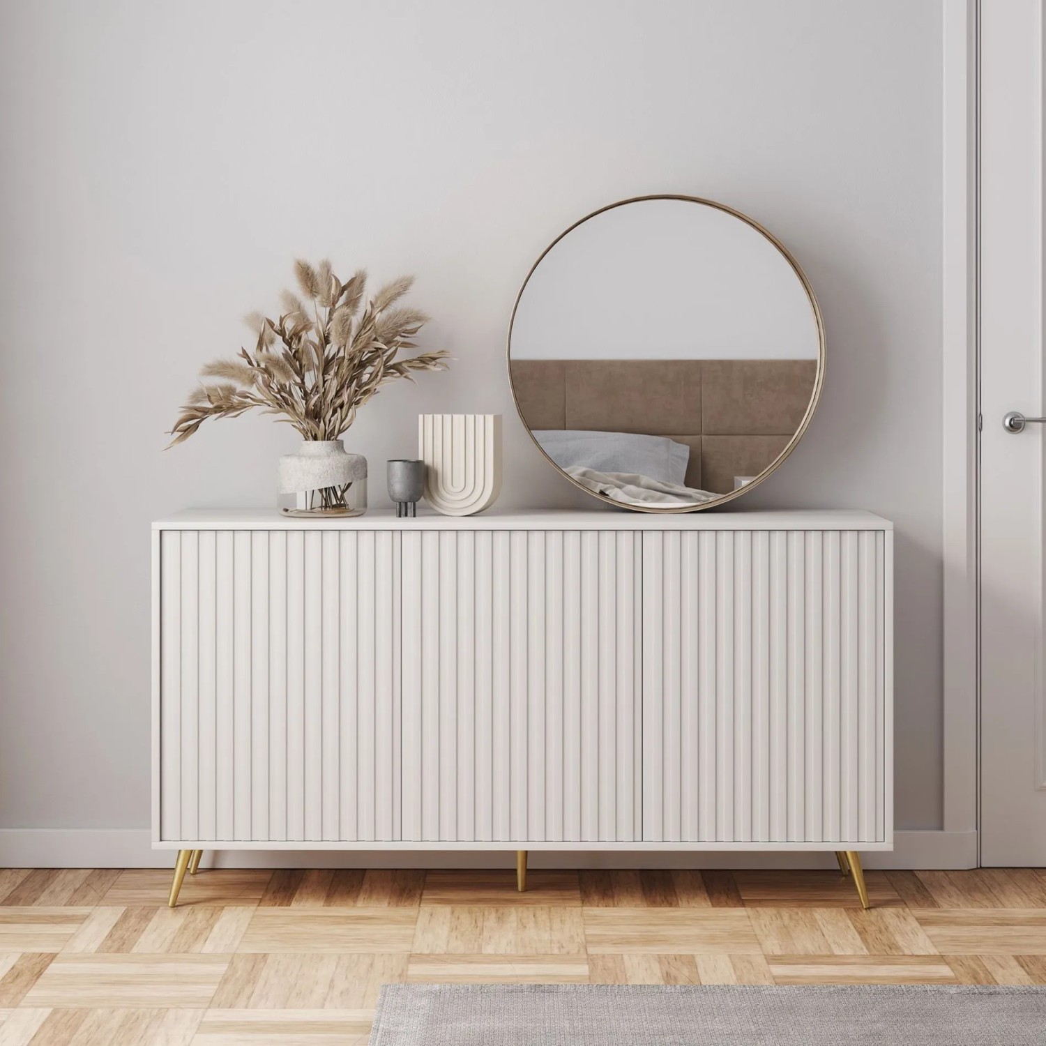 Selsey Sideboard Bello mit Lamellenfronten 154 cm Weiß mit Goldenen Beinen_2
