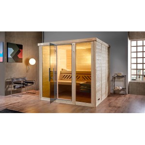 Weka Massivholzsauna Kemi Panorama mit Glastür und Fenster, inkl. Saunaofen und Zubehör.