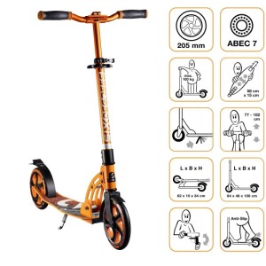 Oranger Six Degrees Aluminium Scooter mit 205 mm Rädern, Klappmechanismus und Ständer. Höhenverstellbar, für Sport & Fitness.