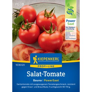 Kiepenkerl Salattomate Bauna F1-Hybride: Rote, runde Tomaten und Tomatenscheiben auf Saatguttüte.