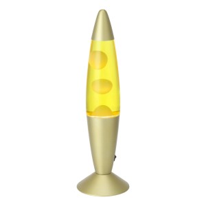 Goldene LED-Lavatischleuchte mit gelber Flüssigkeit und orangem Wachs. Klassische Tischlampe mit Schalter.