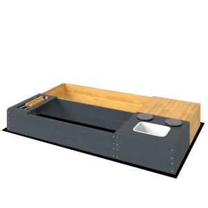 AIYAPLAY Kinder Sandkasten aus Holz, dunkelgrau/natur, mit Spielküche, Spüle, Herd und Grill. Ideal für den Garten.