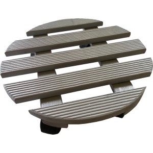 Grauer, runder Kübelroller aus Holz mit Rollen für den Innenbereich. Tragkraft 80 kg.