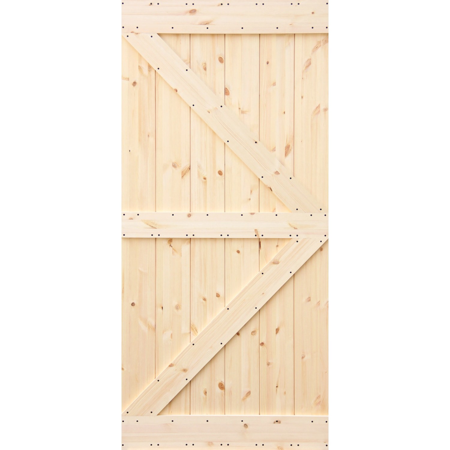 Radex Holzschiebetür Loft Rustic Kiefer Roh, rustikales Design mit Holzbalken und dunklen Nägeln.