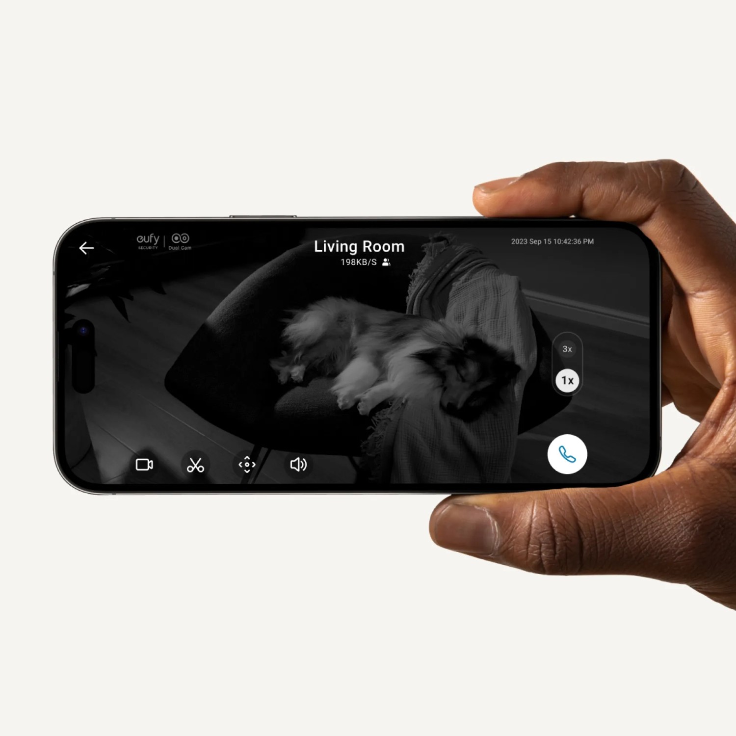Hand hält Smartphone mit Live-Ansicht der Eufy Innenkamera S350, die einen Hund zeigt.