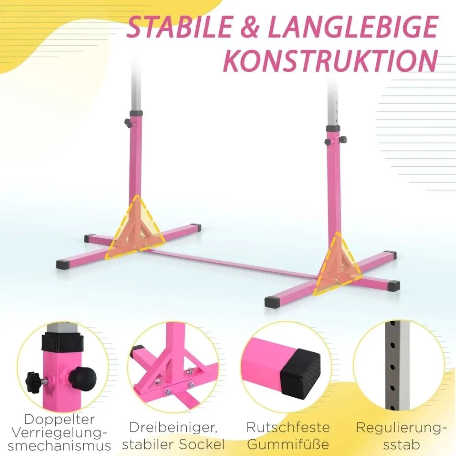 Rosa HOMCOM Gymnastik-Turnreck aus Stahl mit stabiler Konstruktion, doppelter Verriegelung und rutschfesten Gummifüßen.