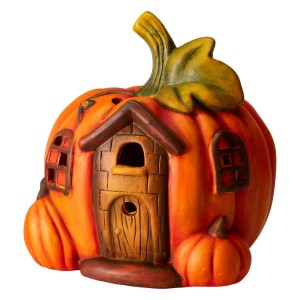 Dekorative Terrakotta Kürbisfigur mit LED, orange, als Haus mit Tür und Fenstern, für Herbst & Halloween.