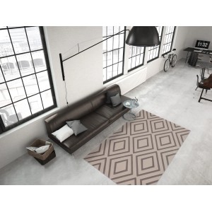 Moderner, taupefarbener Teppich Retro 710 mit geometrischem Muster, 80x150 cm.