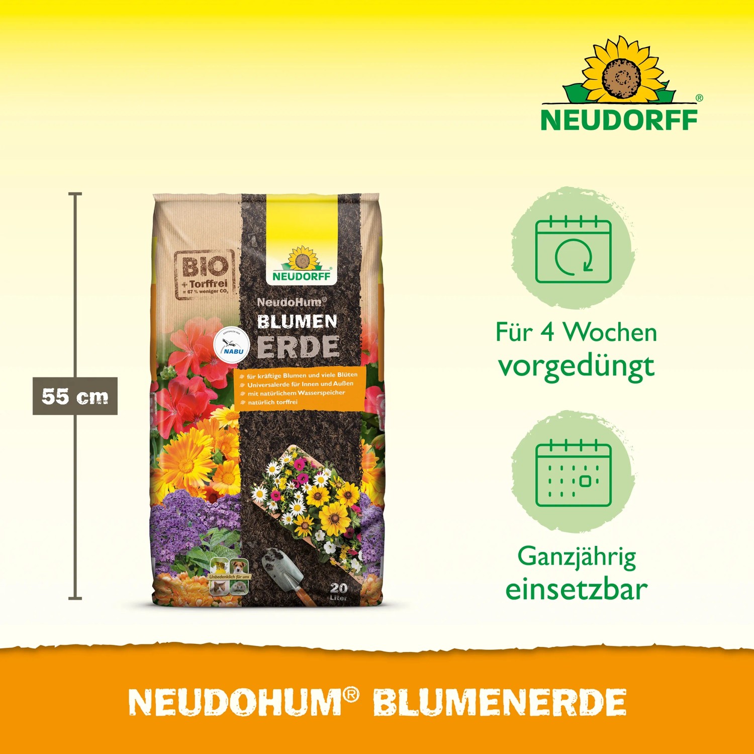 Sack Neudorff NeudoHum Blumenerde, torffrei, 20 l, für Zimmer-, Balkon- und Terrassenpflanzen.