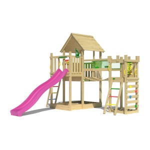 Jungle Gym Spielturm Lookout mit Wackelbrücke, Kletterrampe und fuchsia Rutsche.