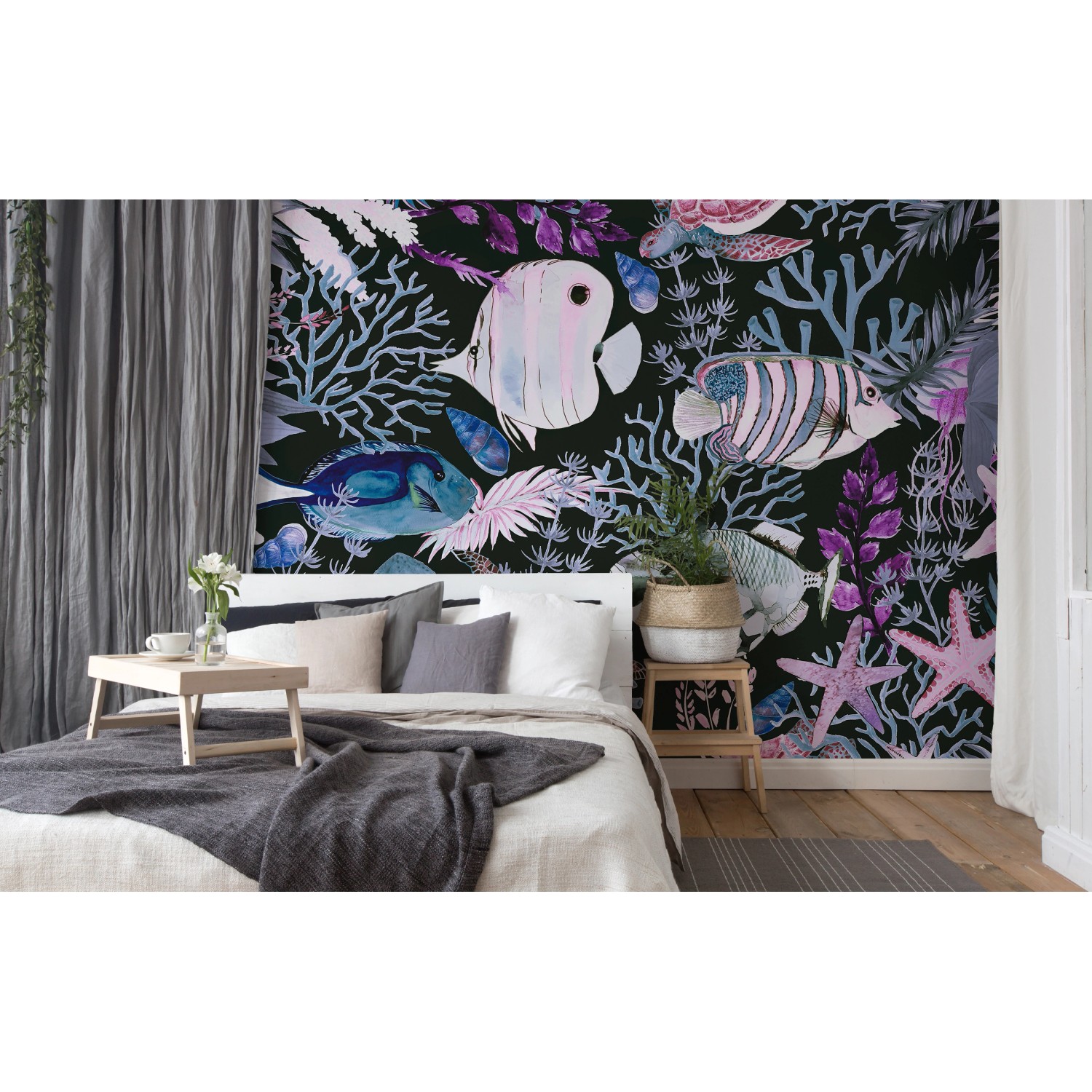 Fototapete Unterwasser Fische Grau Blau Rosa Lila 4,00 m x 2,70 m FSC
