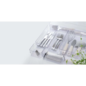 Transparenter SmartStore Compact Sort 40x10 Organizer für Küchenutensilien.