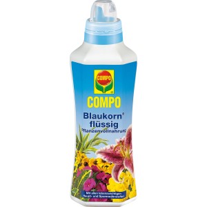 Flasche Compo Blaukorn flüssig Pflanzenvollnahrung 1 l für Garten und Pflanzen.