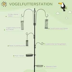 Schwarze PawHut Vogelfutterstation mit 4 Haken, Futterautomaten, Netzteller und Wasserschale für den Garten.