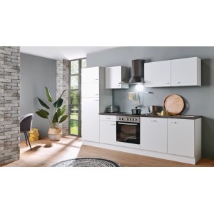 Menke Küchenzeile White Classic 280 cm in Weiß mit Elektrogeräten und Arbeitsplatte in Marmor-Optik.