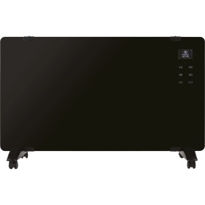 Schwarzer Glaspanel-Heizer 2.000 W mit Touchpad und Rollen, geeignet zur Wandmontage oder zum Aufstellen.