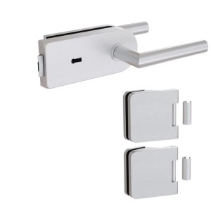 Levidor Glastürbeschlag Studio/Office Set: Aluminium Türgriff mit Buntbartschloss und zwei Scharnieren.