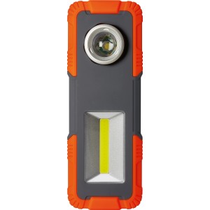 Work Line COB LED Arbeitsleuchte, Taschenlampe mit zwei Leuchtflächen und orangefarbenem Gehäuse.