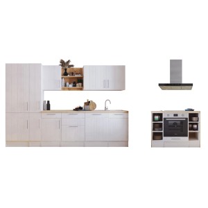 Respekta Landhaus Inselküche Anton 310 cm in Lärche Weiß mit E-Geräten und Inselhaube.