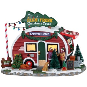 Lemax Weihnachtsdekoration: Beleuchteter Weihnachtsbaumverkauf mit Figuren und Details.