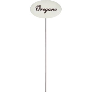 Kräuterstecker Emailleweiß, 30 cm, mit Oregano-Beschriftung für den Garten.