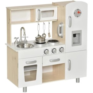 Weiße HOMCOM Kinder-Spielküche aus Kiefer/MDF mit Spüle, Herd, Ofen, Kühlschrank, Mikrowelle und Zubehör.