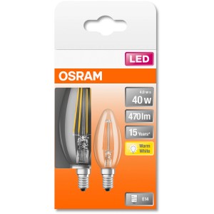Osram E14 LED Leuchtmittel in Kerzenform, 4W, warmweiß, im Karton.