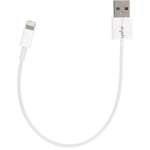 Weißes USB 2.0 Ladekabel mit Lightning Connector für Apple Geräte, 0,2 m kurz.