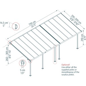Maße der Palram Canopia Sierra Terrassenüberdachung (739x295cm) in Grau, technische Zeichnung.
