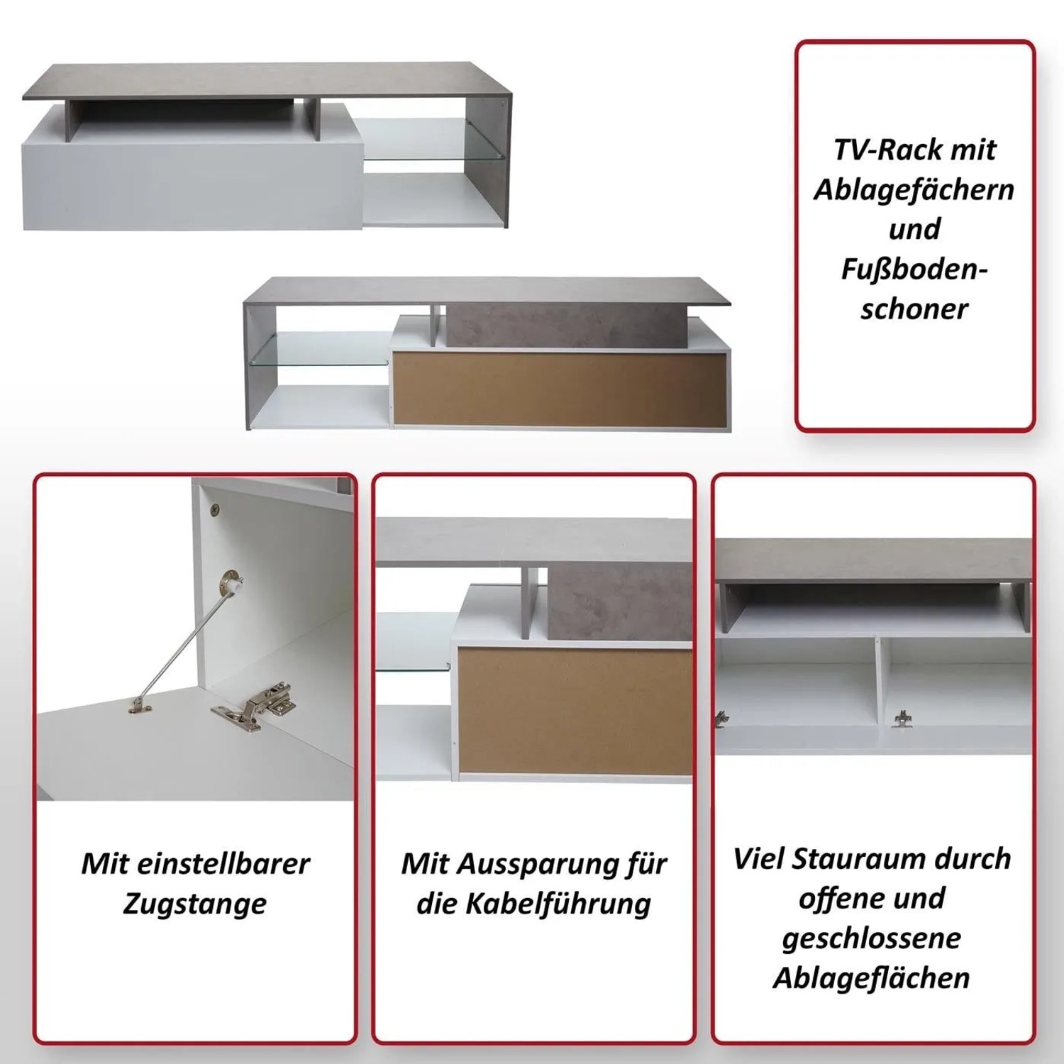 Zweifarbiges TV-Rack in Beton-Optik und Weiß mit offenen Ablagen, geschlossenen Staufächern und Kabelführung.