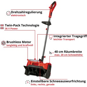 Einhell Akku-Schneefräse GE-ST 36/40 Li E-Solo: Rot-schwarze Schneefräse für den Wintereinsatz.