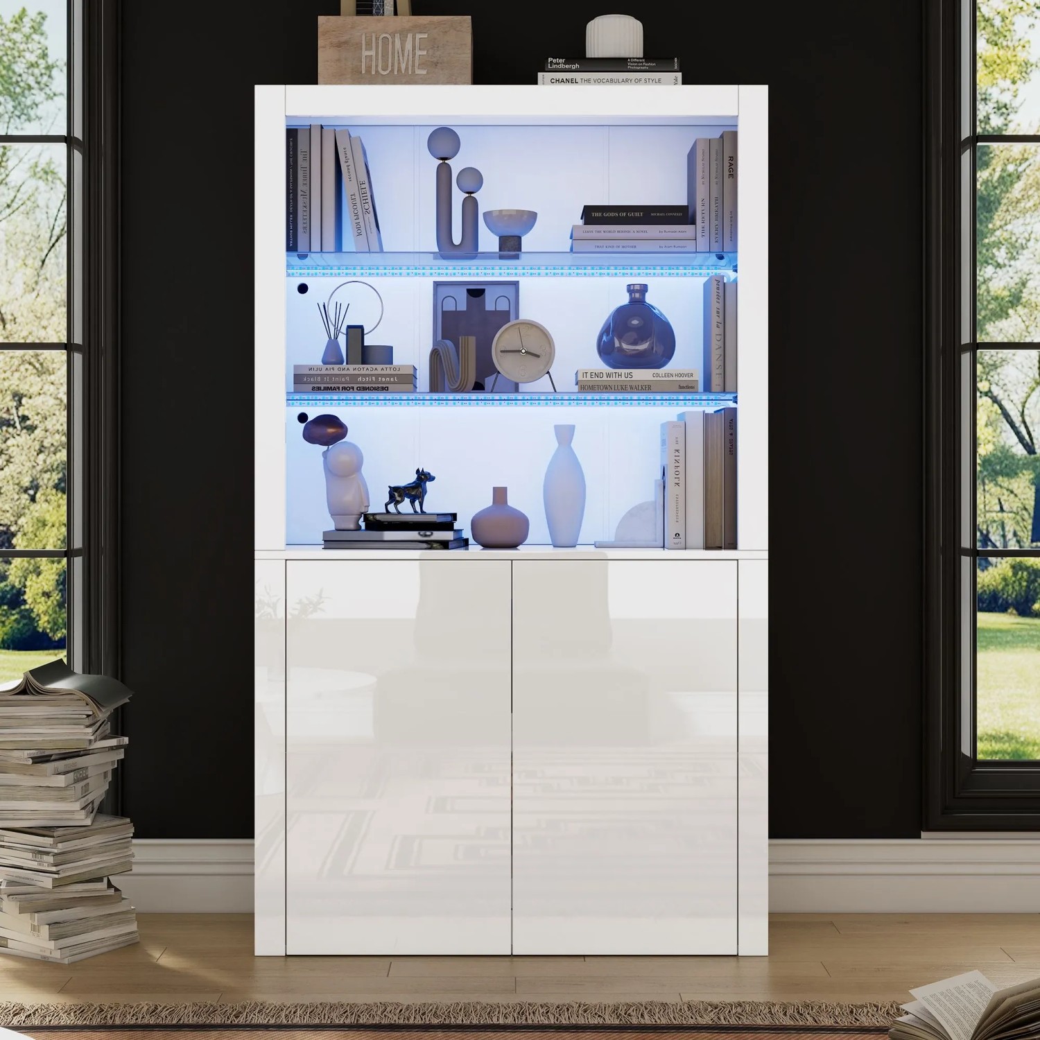 okwish Sideboard mit LED Beleuchtung Glasböden Aufbewahrungsschrank 100x35x170cm Weiß_4