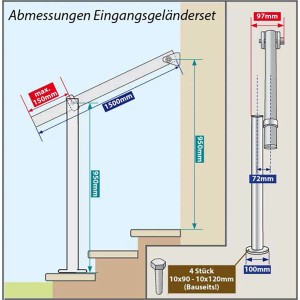 Skizze: Treba Eingangsgeländer-Set GE1 Edelstahl, Bodenmontage, Maße und Details.