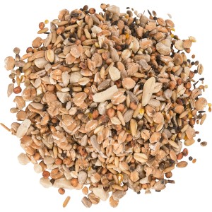 Nahaufnahme von Fidelio Schnabelmix Wildvogelfutter (900g) mit Saaten, Nüssen und Getreide.