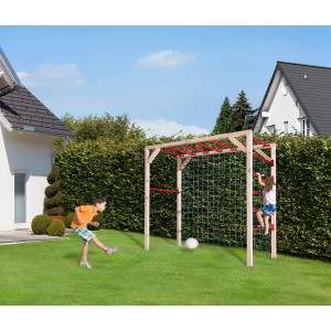 Weka Klettergerüst Tabaluga mit Tornetz im Garten, Kinder beim Spielen und Klettern.