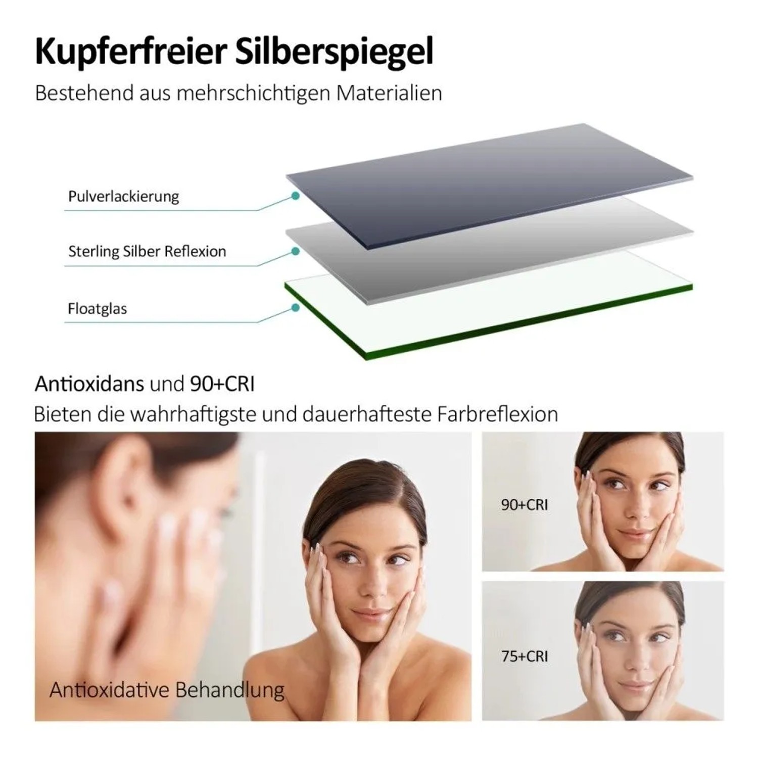 Emke LED-Badspiegel: Schichtaufbau aus kupferfreiem Glas. 90+ CRI für naturgetreue Farbwiedergabe im Bad.