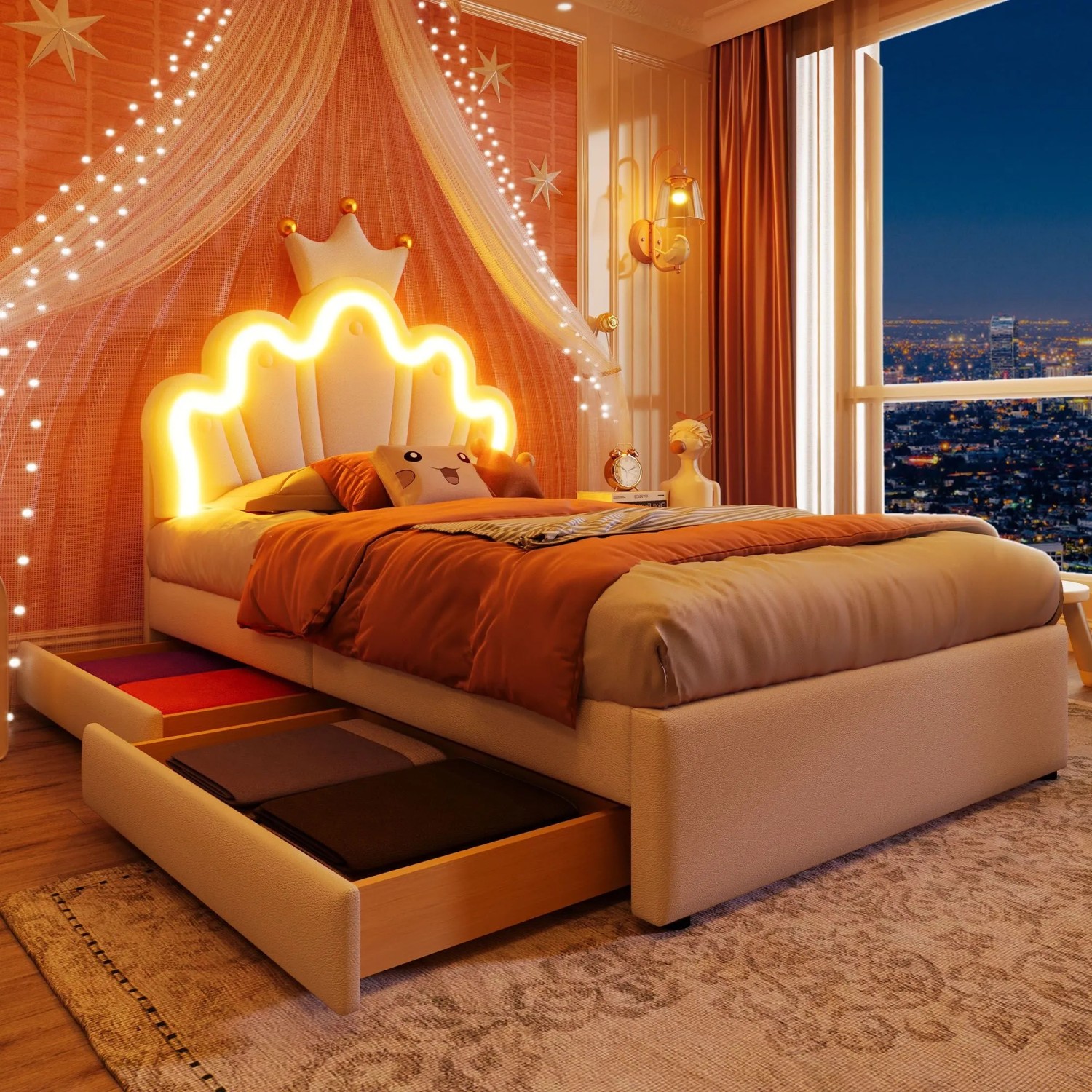 okwish Polsterbett 90x200cm mit LED Licht Schubladen Weiß ohne Matratze_6