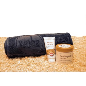 Weka Sparset: Saunahandtuch, Honiglotion und Peelingsalz für die perfekte Saunapflege.